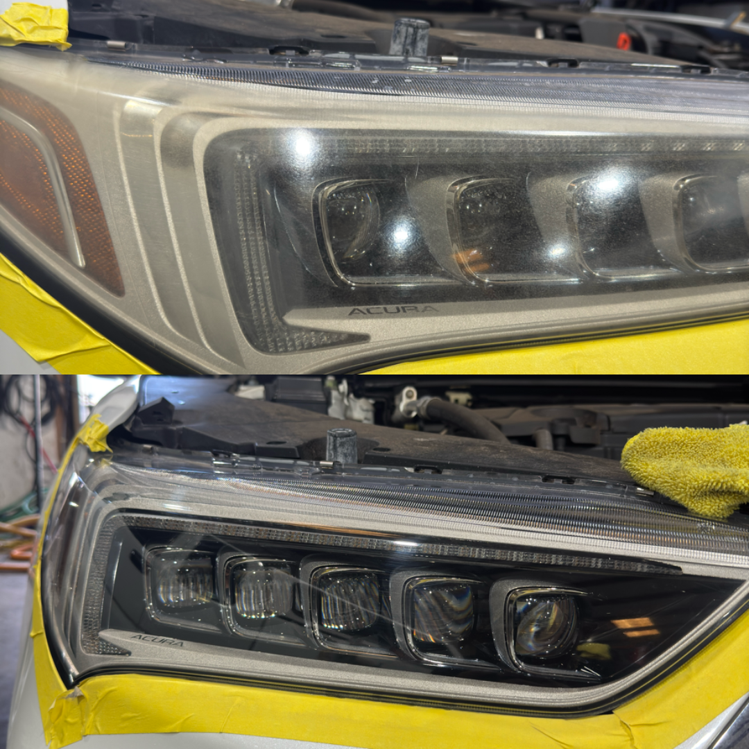Before and after of an Acura headlight lens, cloudy and yellowed above, crystal clear below, masked with yellow tape