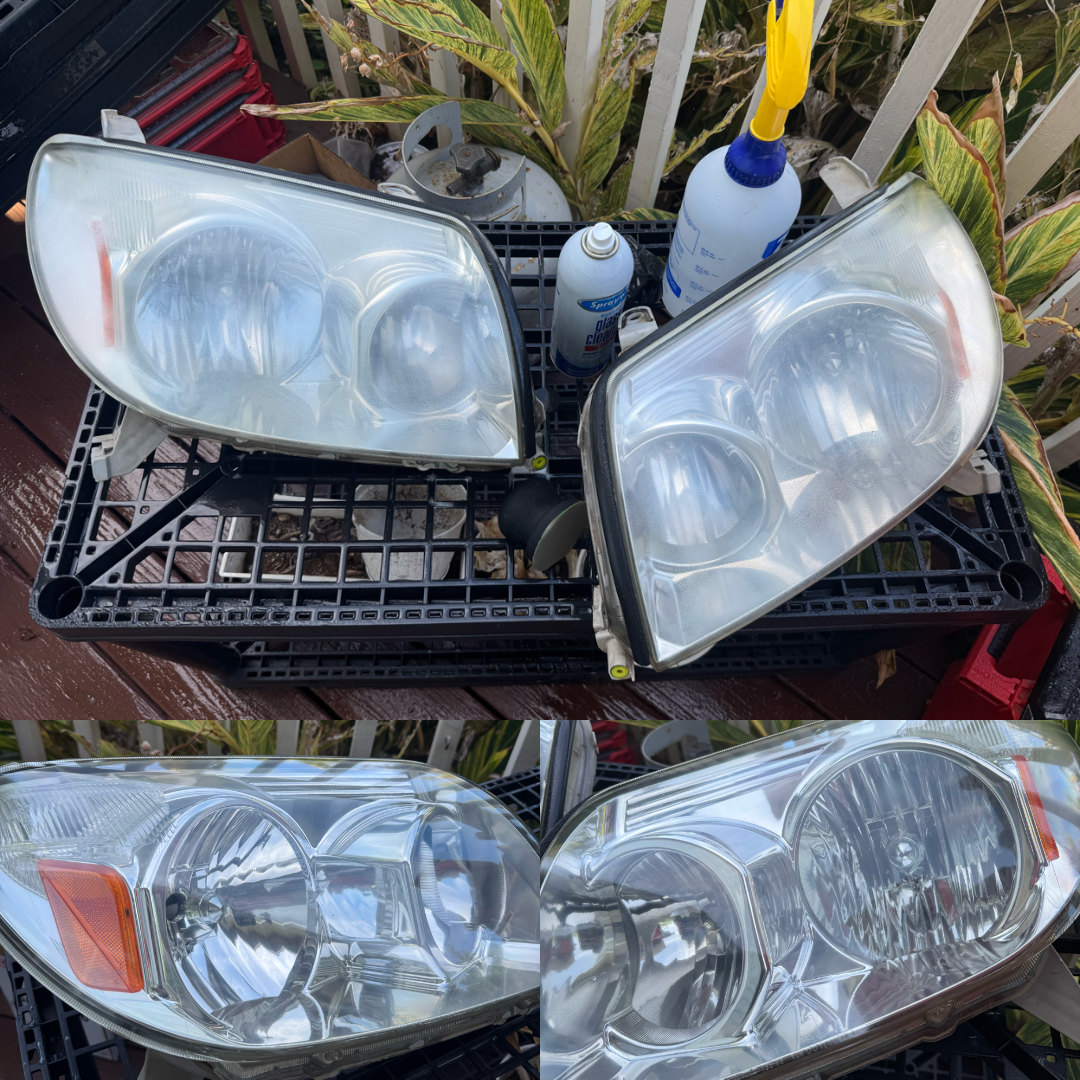 Before and after of a pair of restored headlights, cloudy and yellowed above, clear with chrome reflectors below, resting on a black crate on a wooden deck